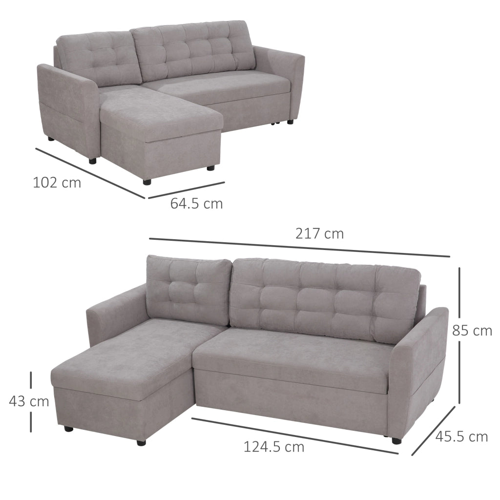 EasyComfort Divano Letto 3 Posti con Chaise Longue Contenitore in Tessuto, 217x134x85cm, Grigio
