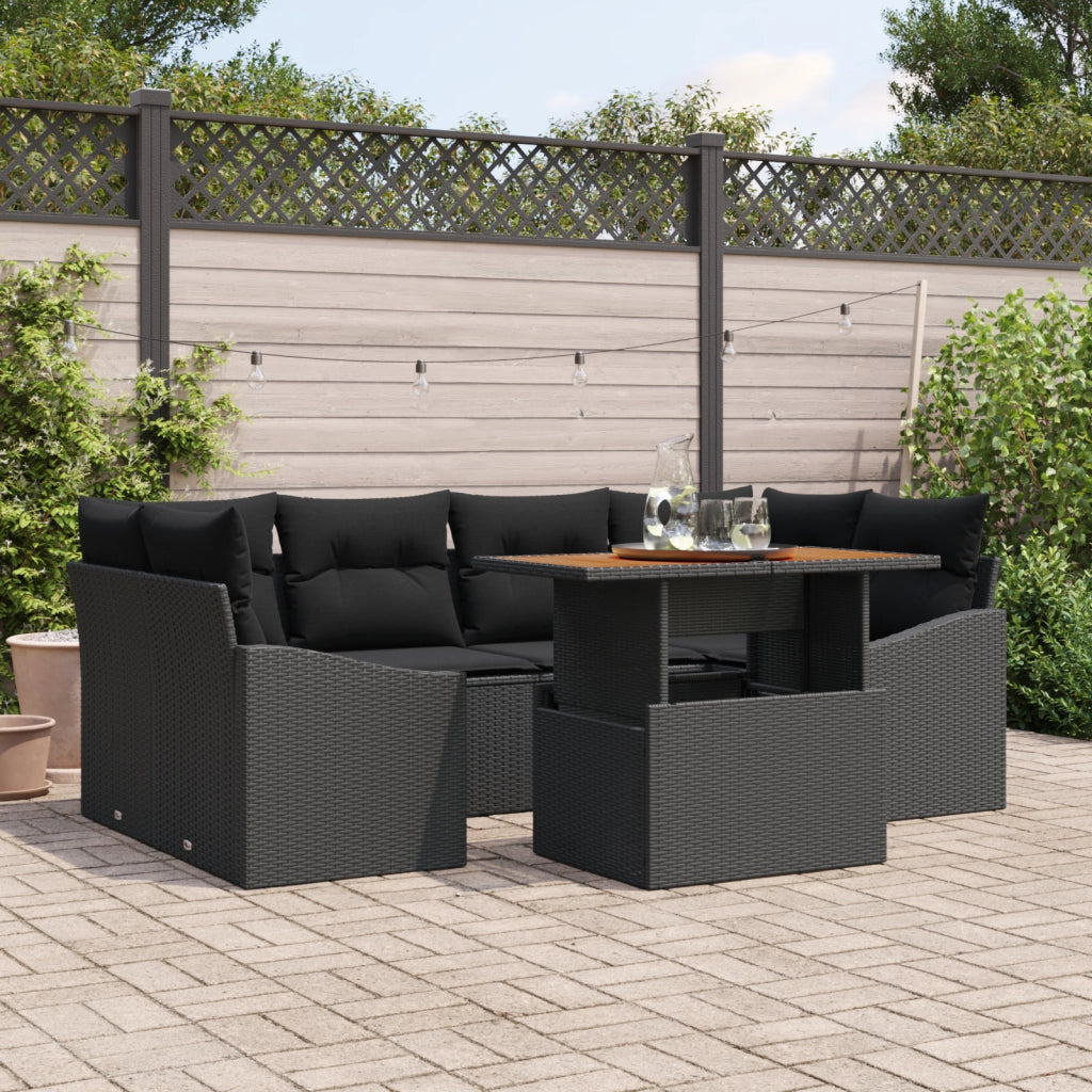 Set da Pranzo da Giardino 7 Pezzi con Cuscini in Polyrattan Nero e Acacia