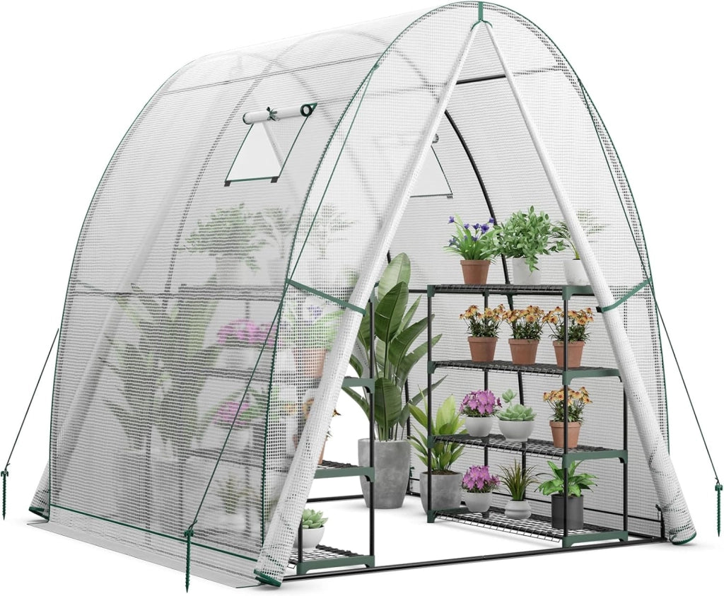 Serra da Giardino 181 x 181 x 200 CM, Serra a Tunnel da Esterno con 2 Porte con Zip, 2 Finestre, Copertura in PE Impermeabile e Tasche Laterali, Serra Invernale per Giardino (Bianco)