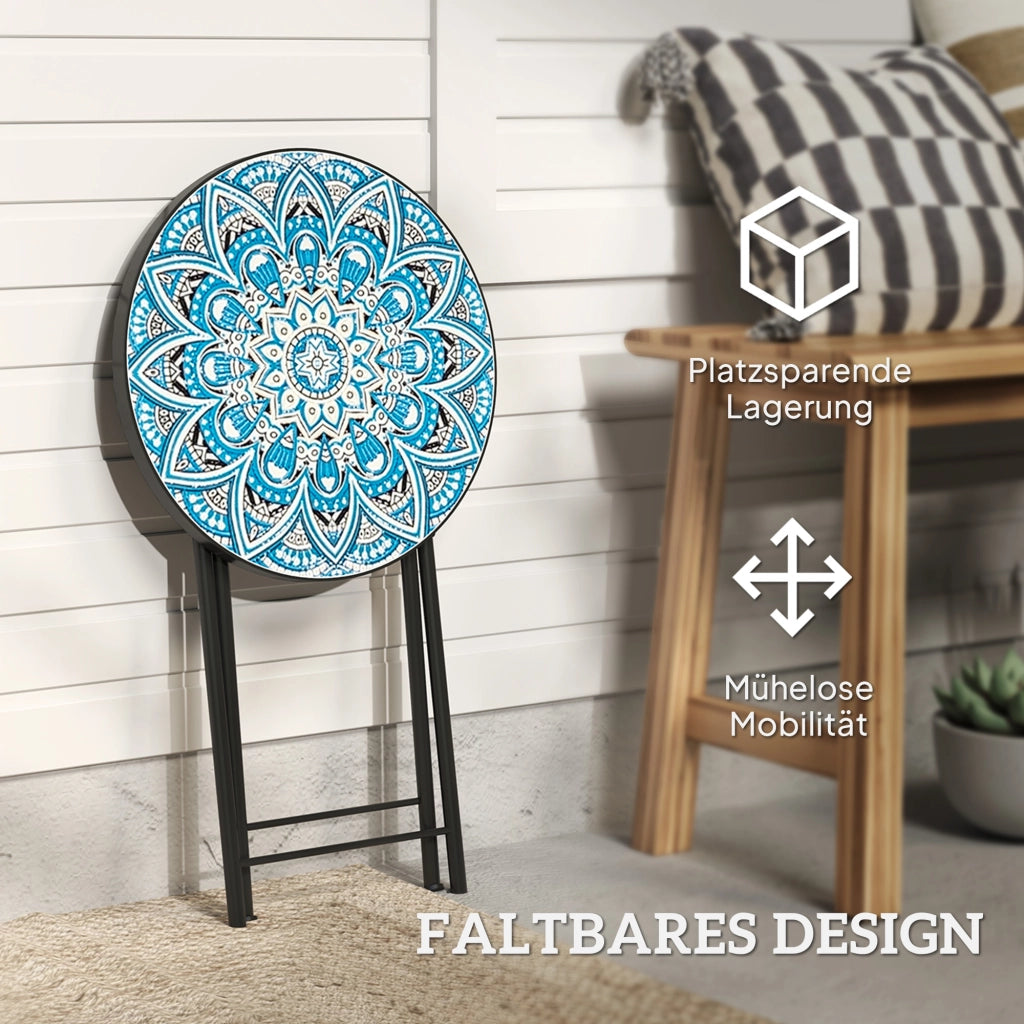 Tavolo da giardino rotondo pieghevole in ceramica con telaio in metallo, motivo mosaico blu ¨C zephmum ¨C blu