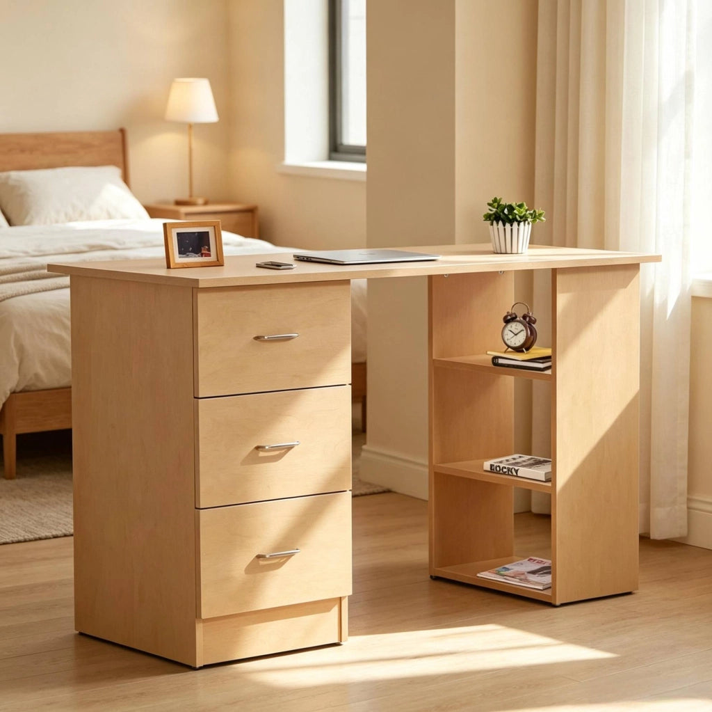 Scrivania computer moderna in MDF con 3 ripiani e 3 cassetti, finitura effetto legno, 120x49x72 cm