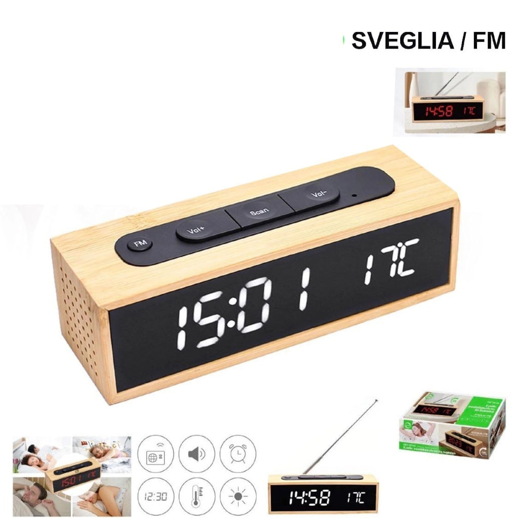 RADIO SVEGLIA OROLOGIO DIGITALE FM IN BAMBU DISPLAY LED EFFETTO LEGNO 24H 06726