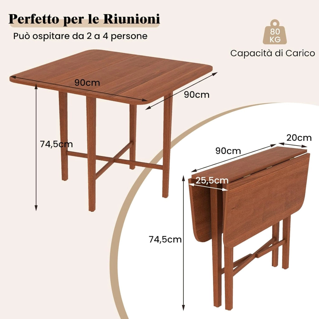Tavolo da Pranzo Quadrato per 2-4 Persone, Tavolo Pieghevole in Legno con 2 Pannelli a Ribalta e Gambe in Legno di Gomma Solide, per Cucina e Sala da Pranzo, 90 x 90 x 74,5 cm