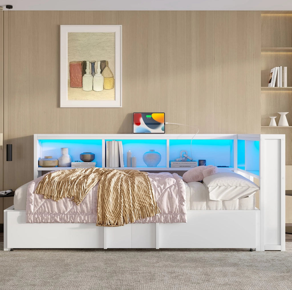 Letto 90x200 cm con letto estraibile; vani portaoggetti; LED e USB in metallo e MDF bianco