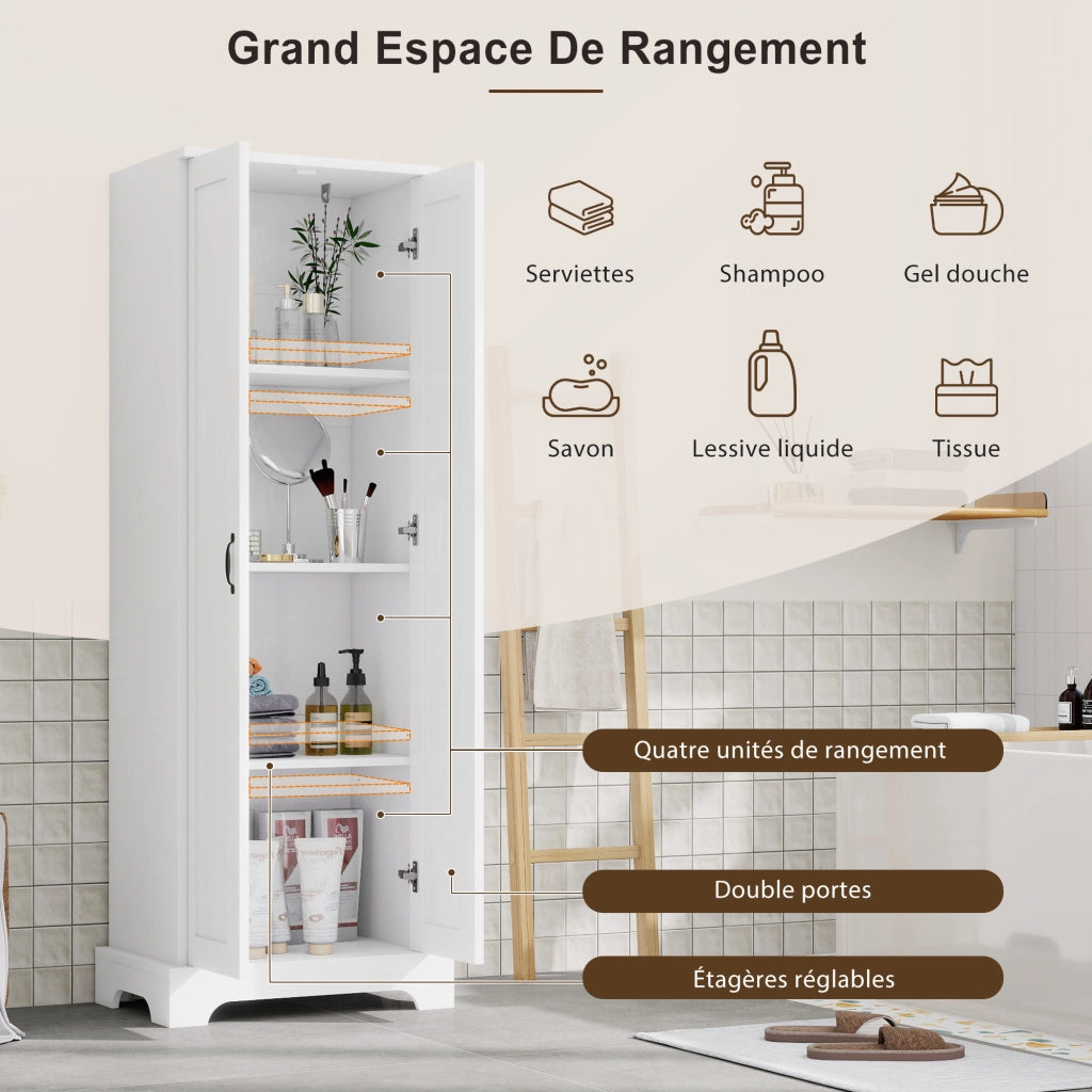 Mobile da bagno con 2 ante; 4 vani e ripiani regolabili - in MDF - bianco - 56 x 40 x 170 cm