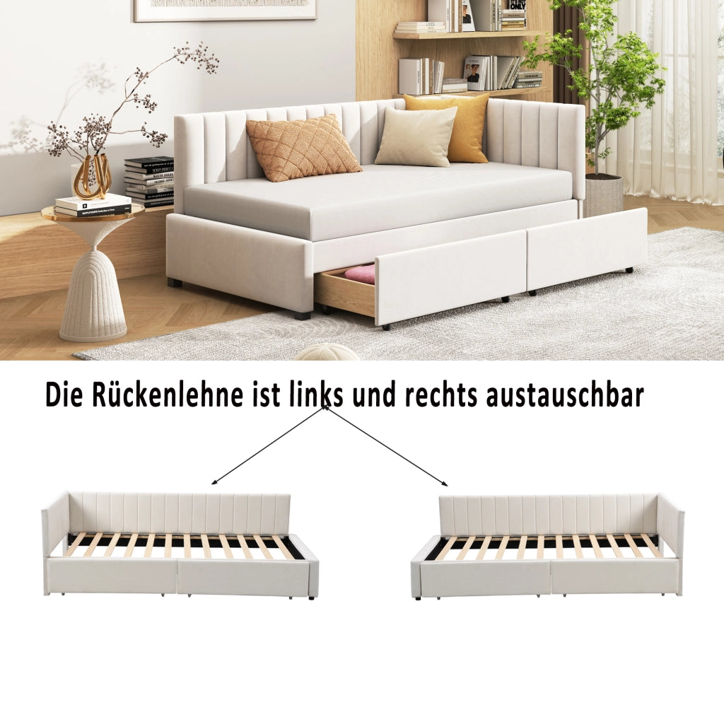 OKWISH Letto Divano 1 Posto, 2 Cassetti e Braccioli, 90 x 200 cm, senza Materasso, Beige, Imbottito