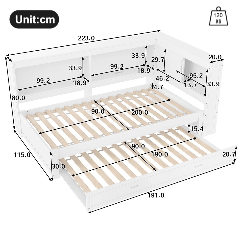 OKWISH Letto a Divano 90×200 cm, Letto Singolo con Letto Estraibile, LED Regolabile, Presa, USB e Tipo C, senza Materasso, Bianco