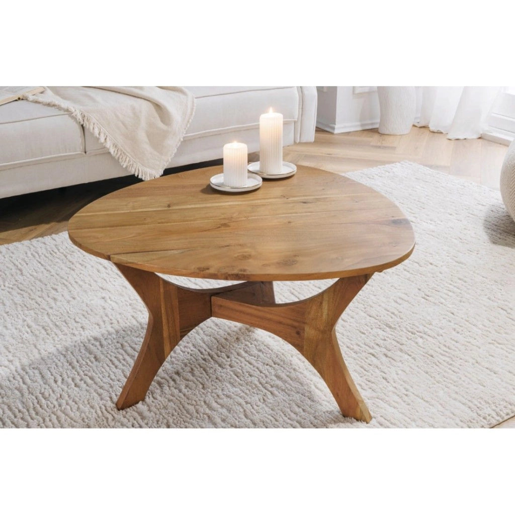 Tavolino basso ABITTA rotondo 70 cm in legno di acacia - Tavolino basso moderno in legno massello