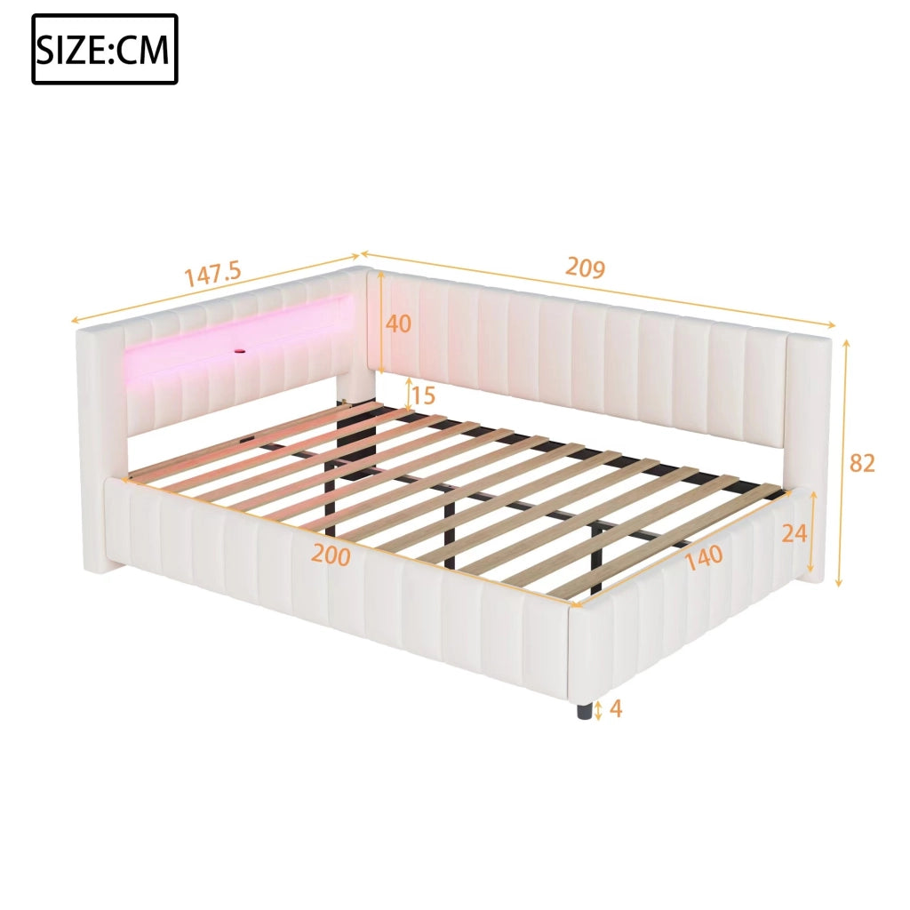 Divano letto angolare imbottito in velluto 140x200 cm con LED; USB e testiera Beige