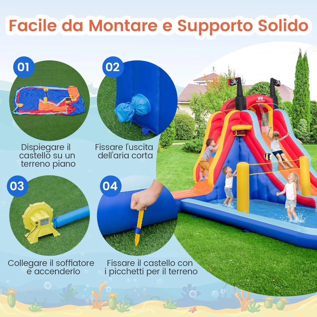 Parco Acquatico Gonfiabile 5-in-1, Castello Gonfiabile con Campo da Gioco, Gonfiabile per Bambini con Canestro da Basket, 484 x 271 x 263 cm (Senza soffiatore)