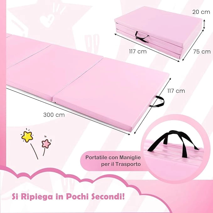 Tappetino per Ginnastica Pieghevole a 4 Pannelli con Maniglie, 300 x 117 x 5 CM, Tappetino in Ecopelle con Chiusure a Strappo per Ginnastica, Yoga, Stretching & Capriole