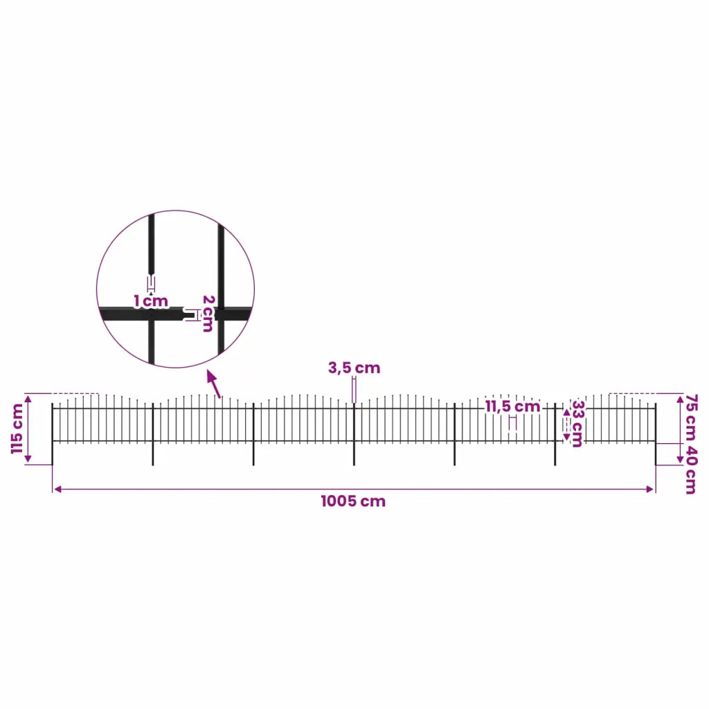 Recinzione da Giardino con Punta a Lancia in Acciaio 1005x75 cm Nero 277708