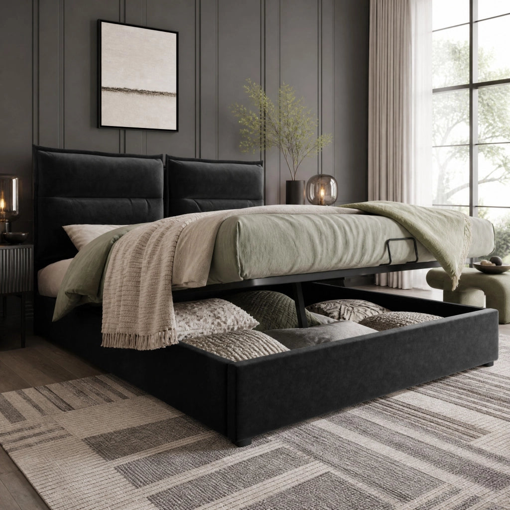 LETTO contenitore idraulico 140x200 cm con testiera regolabile, nero