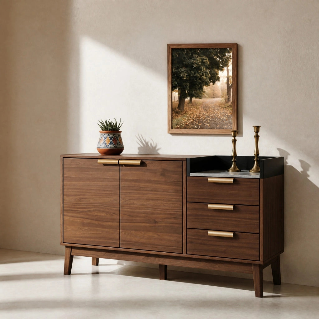 CASSETTIERA 120x40x77 cm in rovere scuro con piano effetto marmo e 3 cassetti