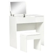 Tavolo da Trucco con Specchio Richiudibile, Tavolo da Trucco Moderno, con Sgabello, Vano Contenitore (4 Scomparti), MDF Bianco, 80x40x79 cm