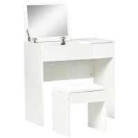 Tavolo da Trucco con Specchio Richiudibile, Tavolo da Trucco Moderno, con Sgabello, Vano Contenitore (4 Scomparti), MDF Bianco, 80x40x79 cm