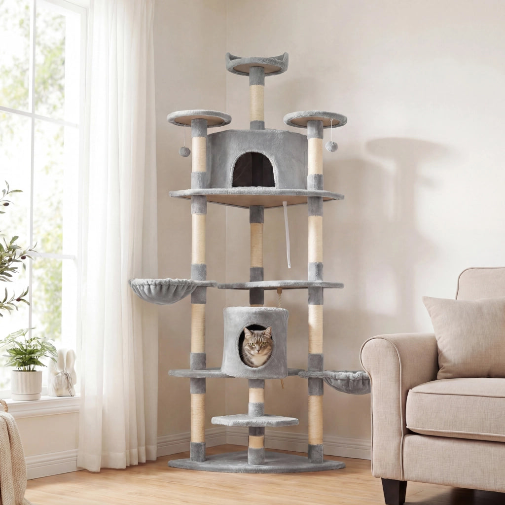 Albero Tiragraffi per Gatti con Casette e Amache ¨C zephmum ¨C Grigio Chiaro 60x60x200