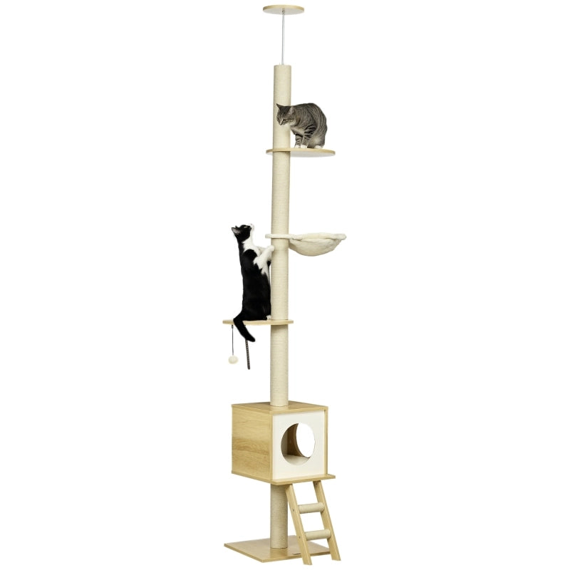 Tiragraffi a soffitto per gatti con cuccia, amaca e piattaforma 40x40x240-260 cm marrone