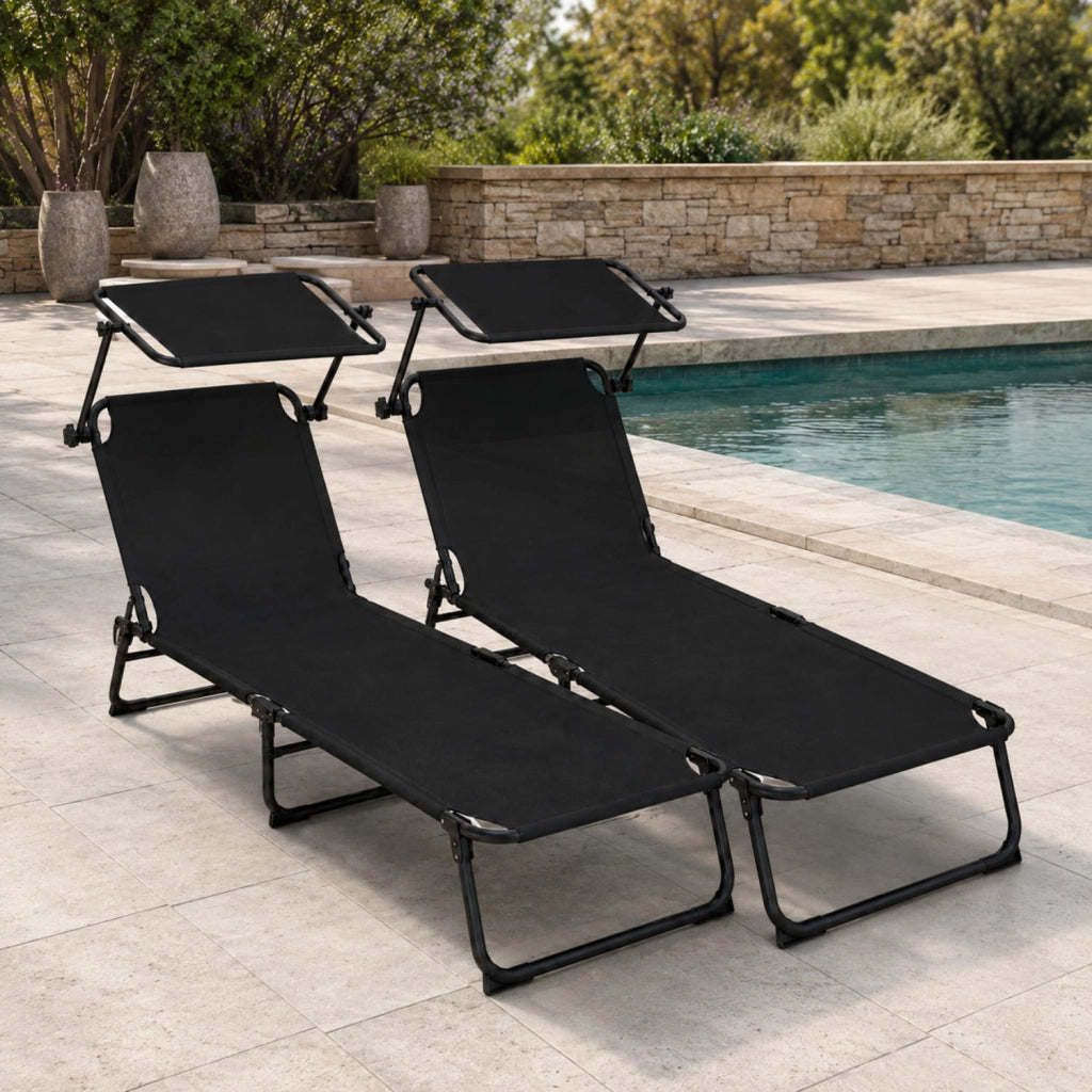 Set 2 Lettini Mare Pieghevoli Struttura In Acciaio Traspirante Con Schienale Reclinabile E Tettuccio Parasole Regolabile Ideali Per Spiaggia Giardino Campeggio Relax Estivo 24 X 187 X 53 Cm Nero