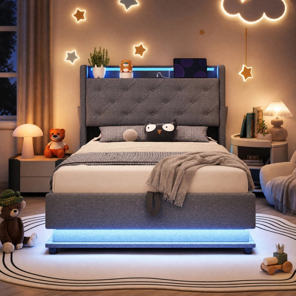 Letto imbottito singolo 90x200 cm con LED; USB e contenitore idraulico; grigio