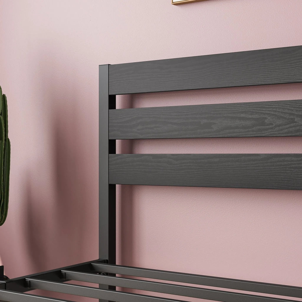 Letto singolo in metallo nero 90x200 cm con testiera MDF e rete a doghe