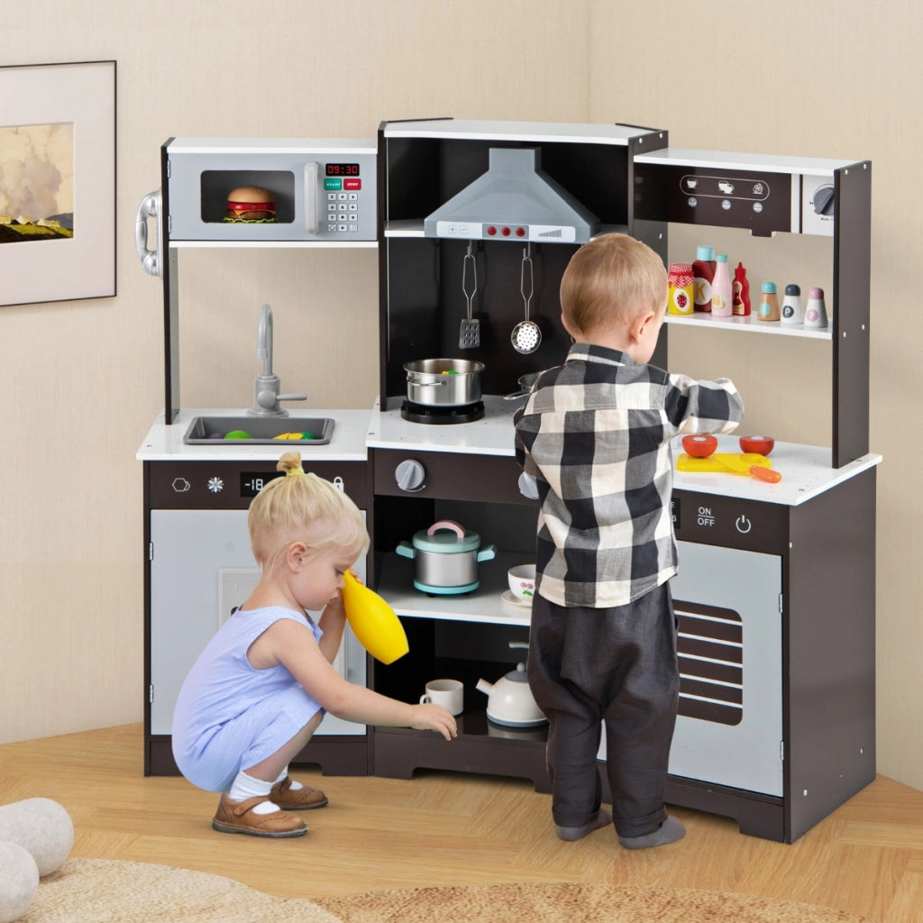 Set di giocattoli in legno con cappa macchina del ghiaccio lavello rubinetto-Cucina da gioco per bambini 3+ anni Marrone