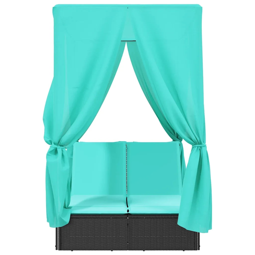 Lettino Prendisole con Tetto e Tende Nero in Polyrattan 368080