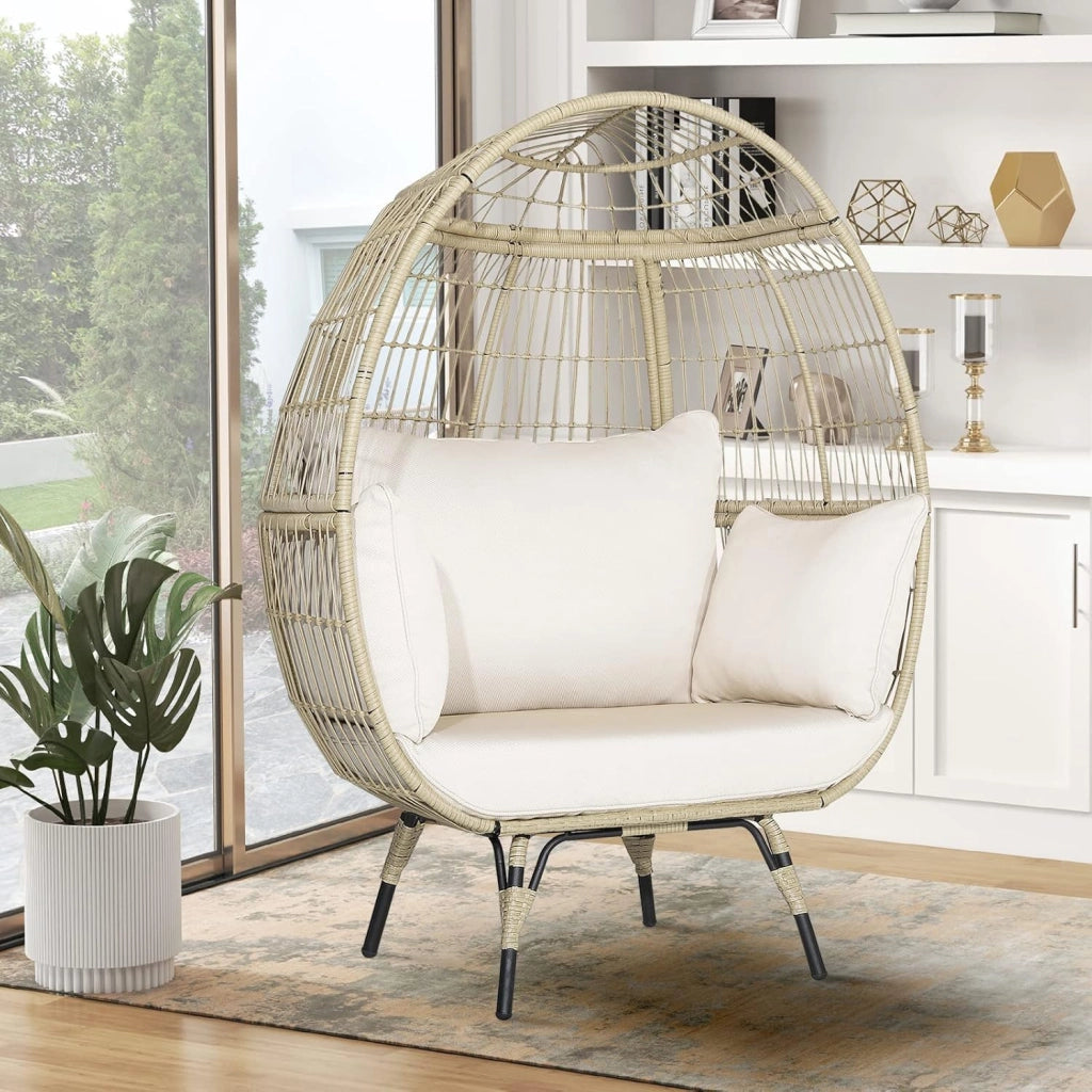 Poltrona da Esterno in Rattan Boho Chic, Portata fino a 180 kg Poltrona da Giardino con Cuscini, Sedia a Forma di Uovo con Struttura in Metallo, Divano per Soggiorno, Terrazza, Marrone