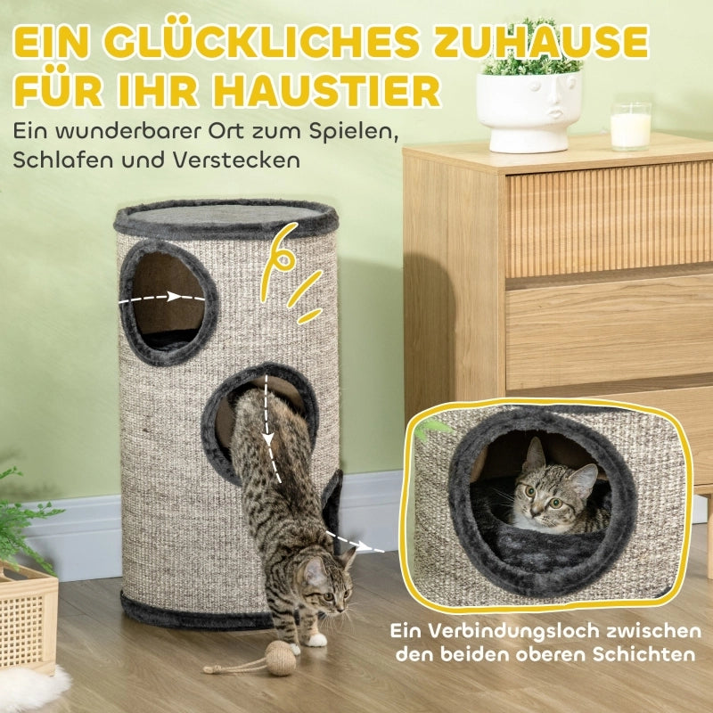TIRAGRAFFI a 3 livelli Ø38 x 70 cm in peluche grigio chiaro con sisal