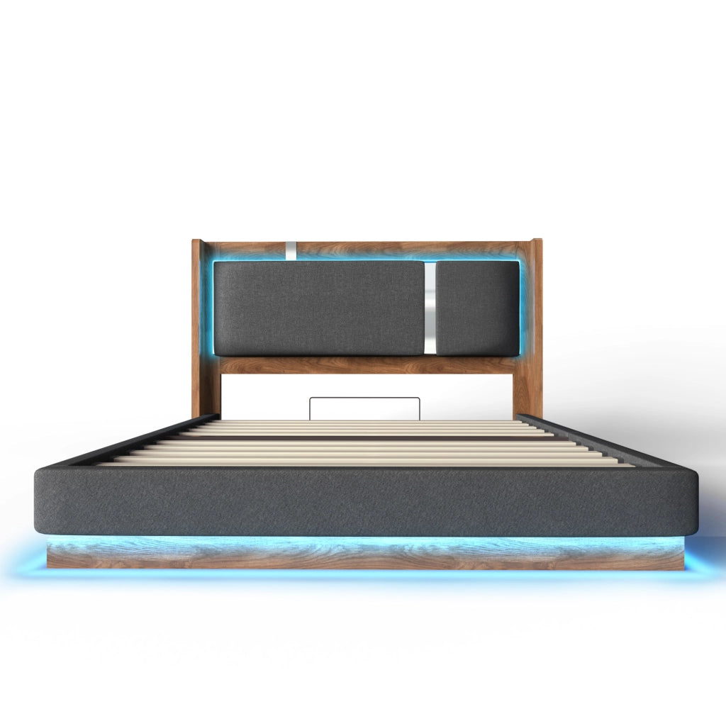 Letto matrimoniale 180x200 cm con contenitore; LED integrati; grigio e noce