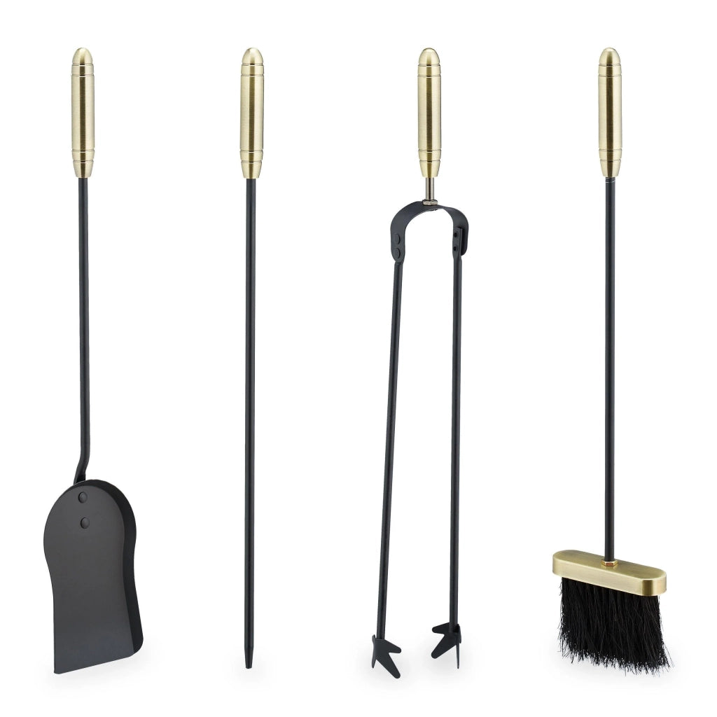 Set di 5 attrezzi per camino accessori in acciaio e ottone tra cui pala spazzola supporto e attizzatoio nero 13_0002444