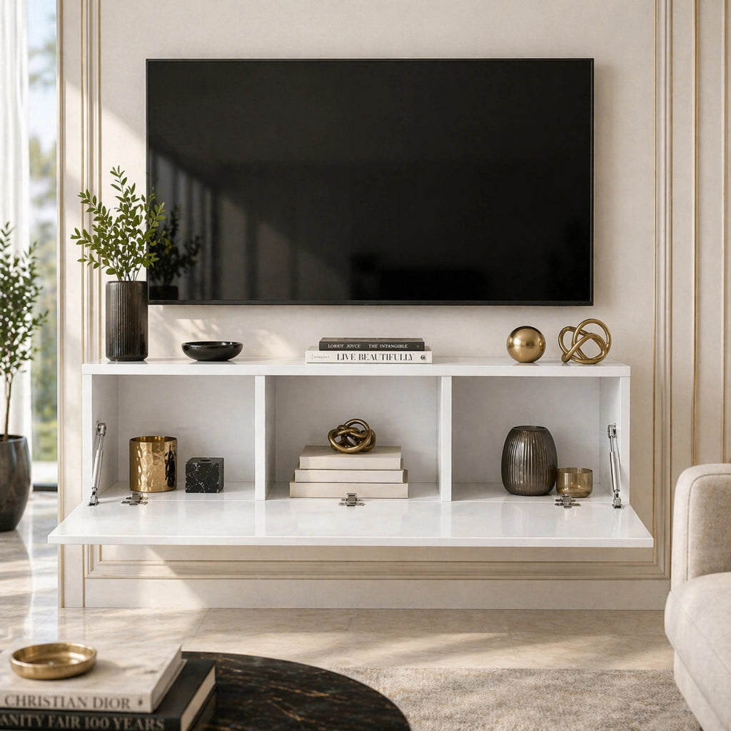 Mobile TV Sospeso Design Minimal Con 3 Vani Contenitore Anta A Ribalta Reversibile Frontale Lucido In Melaminico Per Soggiorno Salotto Zona Living 160 X 34 X 40 Cm Bianco