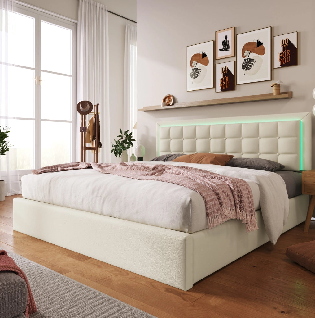 LETTO Matrimoniale Contenitore LED 180x200 cm PU Bianco