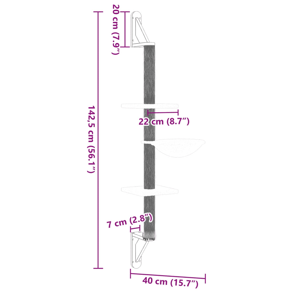 vidaXL Albero per Gatti con Tiragraffi a Parete Grigio Scuro 142,5 cm