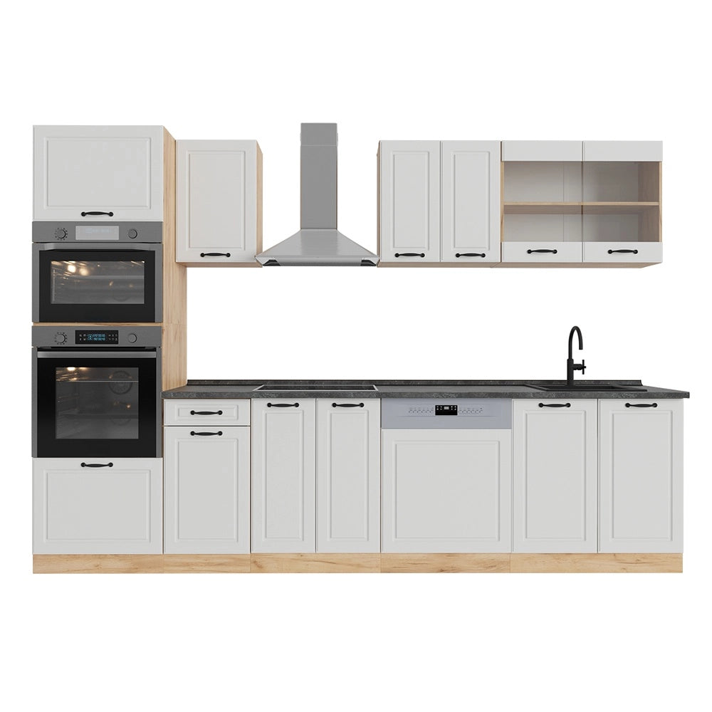 Cucina componibile R-Line Bianco rustico/Rovere dorato 300 cm con armadio alto, PL Antracite Vicco