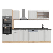 Cucina componibile R-Line Bianco rustico/Rovere dorato 300 cm con armadio alto, PL Antracite Vicco