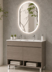 Mobile bagno con piedini con lavabo extrapiano ORIGENBATH NEBARI senza specchio 120x45 cm doppio lavabo rovere smoky