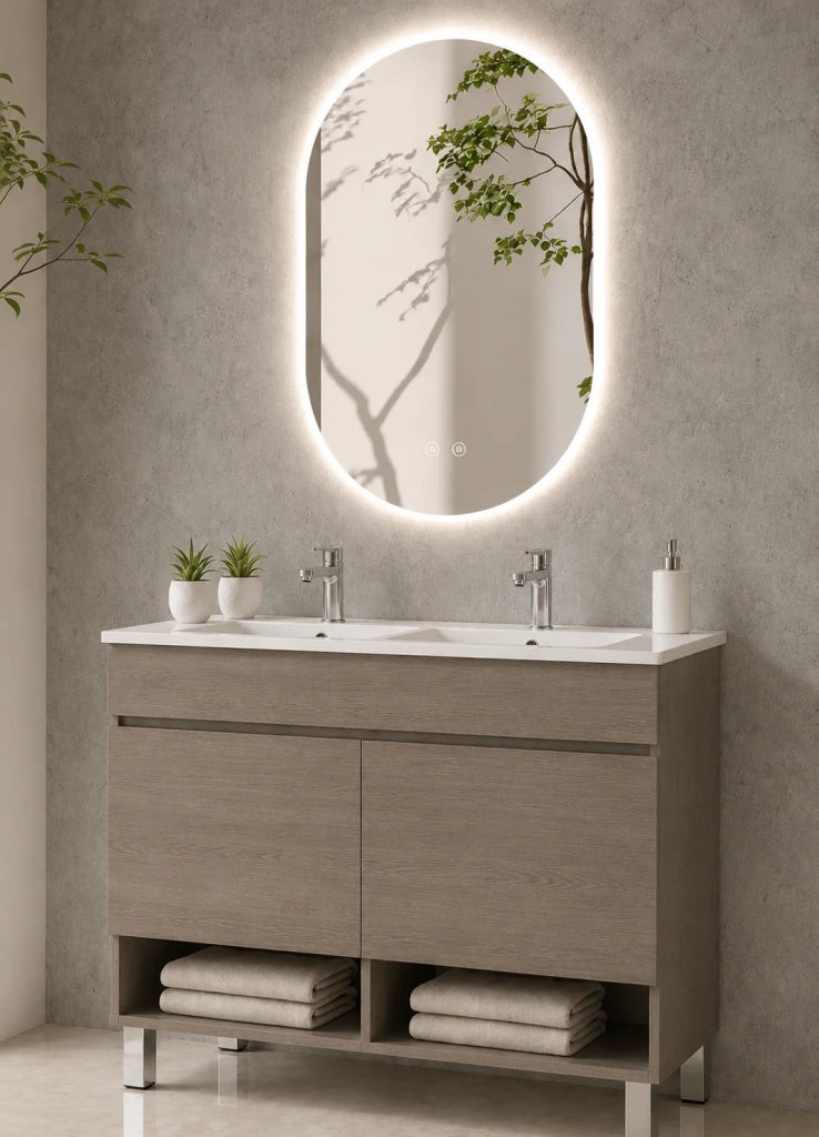 Mobile bagno con piedini con lavabo extrapiano ORIGENBATH NEBARI senza specchio 120x45 cm doppio lavabo rovere smoky