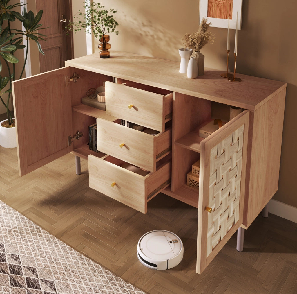Credenza 120x40x75 cm in MDF e metallo; ecru; 2 ante e 3 cassetti