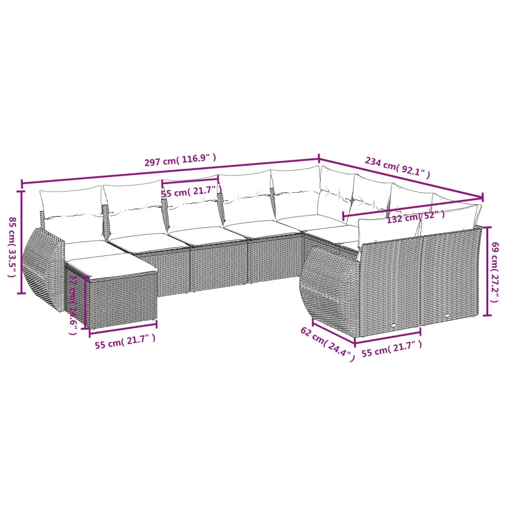 Set Divano da Giardino 10 pz con Cuscini Beige in Polyrattan