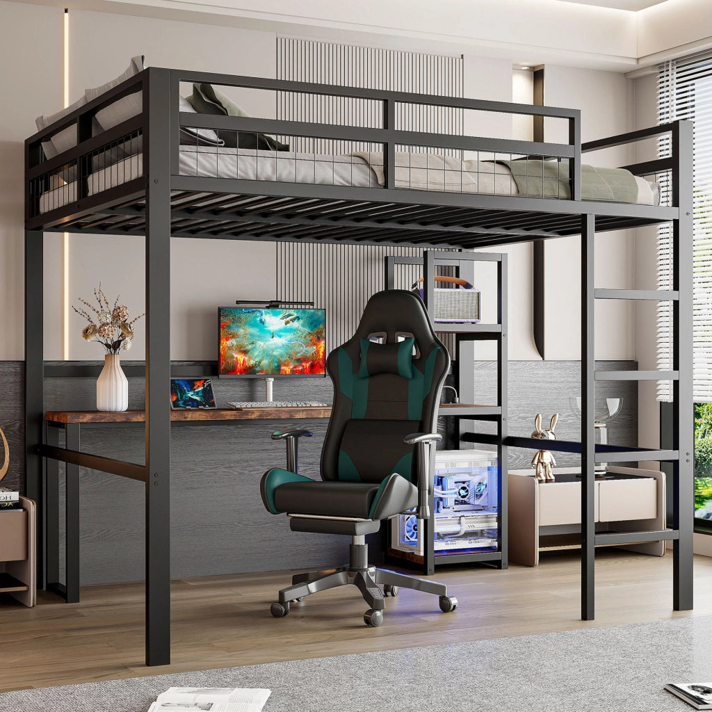 Letto a soppalco 140 x 200 cm in metallo con scrivania, scaffali e prese USB/Type-C