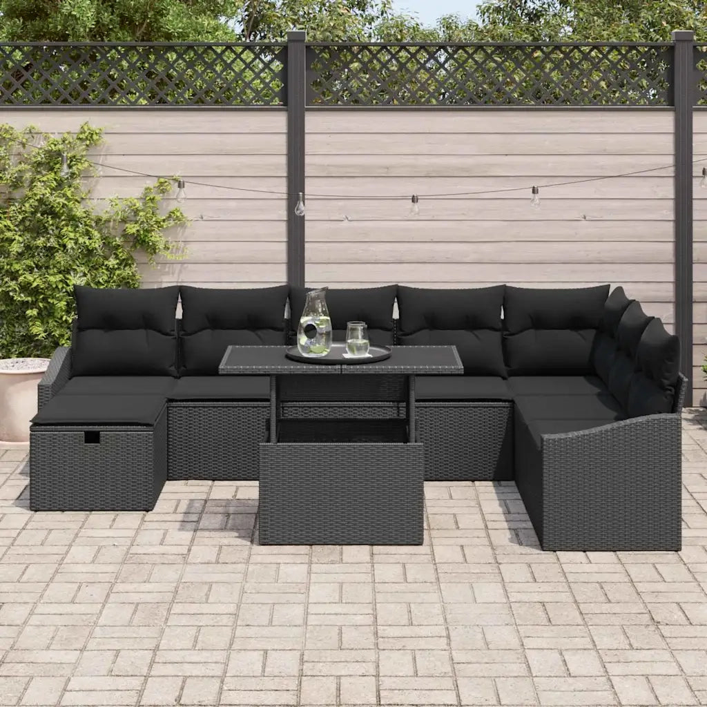 Set Divano da Giardino con cuscino 9 pcs Nero Poly Rattan 3359860