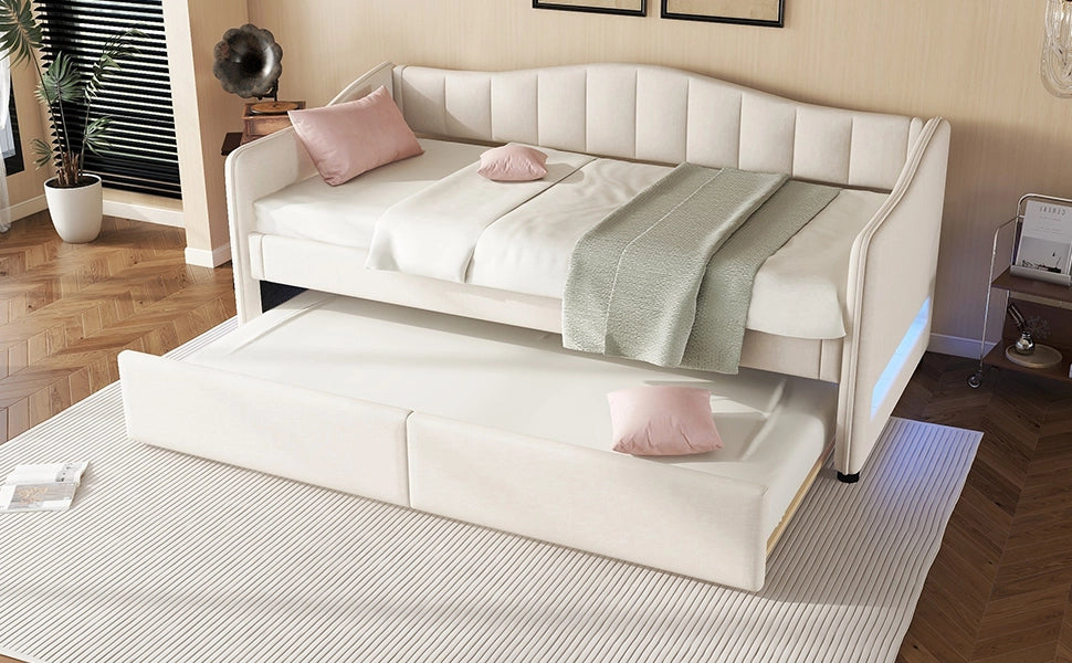 Letto singolo estraibile 90 × 200 cm in lino e MDF beige con LED controllabile tramite app e rete a doghe