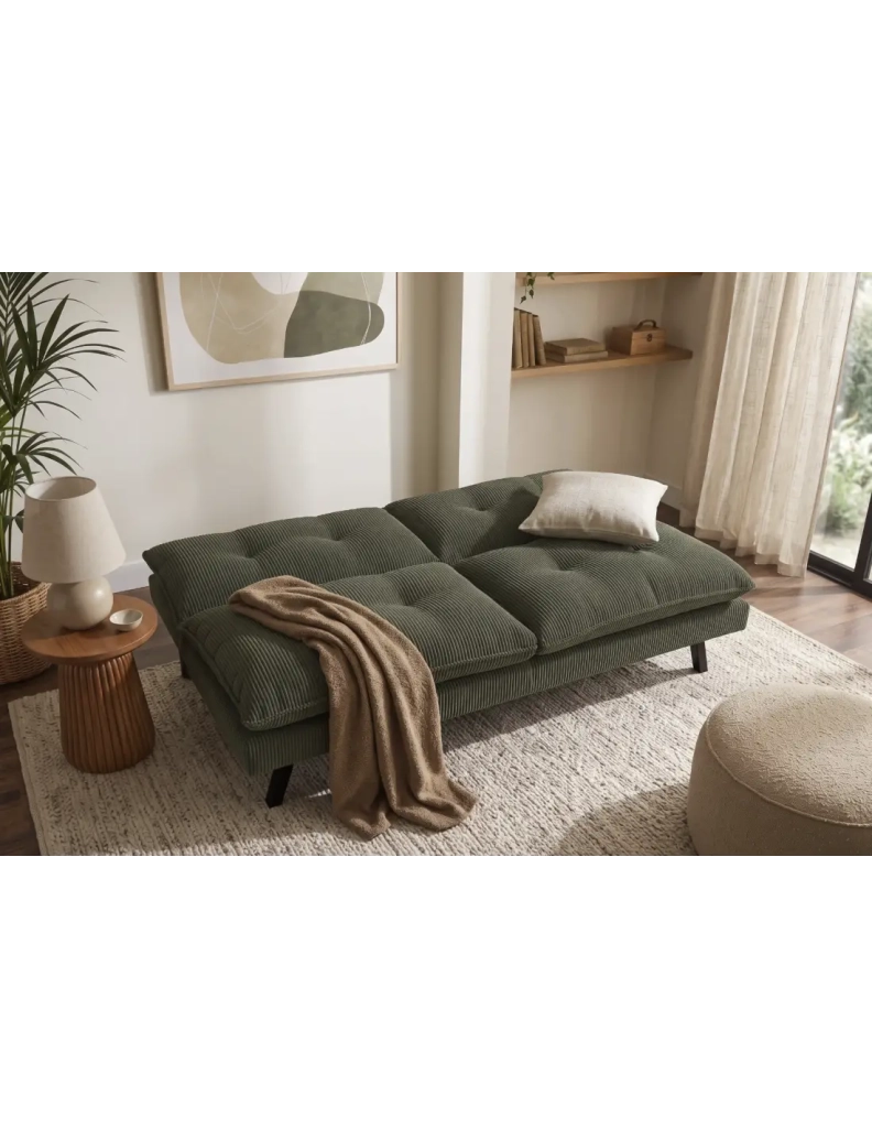 Divano letto AZENA 3 posti in tessuto a coste – Verde scuro e nero – 190 x 80 x 90 cm