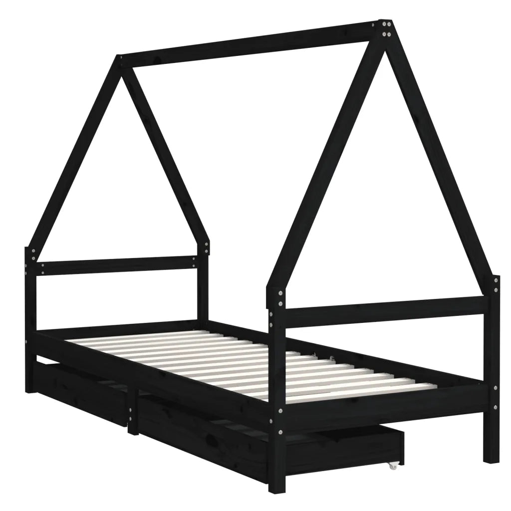 Giroletto Bambini | Letto Infantile | Lettino con Cassetti Nero 90x200cm Massello di Pino