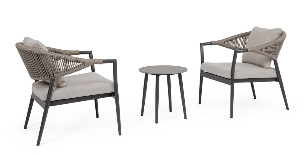 Set 3 Pezzi Salotto da Giardino con 2 Poltrone e Tavolino in Alluminio Corda Poliestere e Pietra Sinterizzata Millor