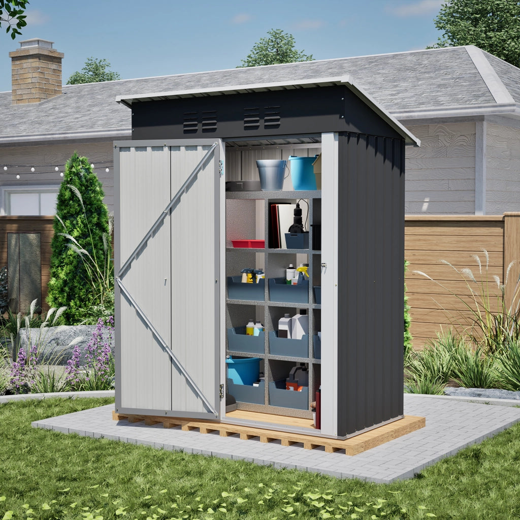 Armadio da giardino con porta in metallo chiudibile senza finestre in acciaio nero per attrezzi 152 × 84 × 182 cm