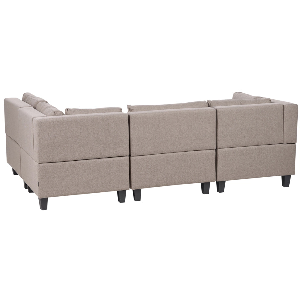 Divano componibile 4 posti imbottito in tessuto marrone con gambe nere schienale imbottito lato sinistro con pouf stile moderno