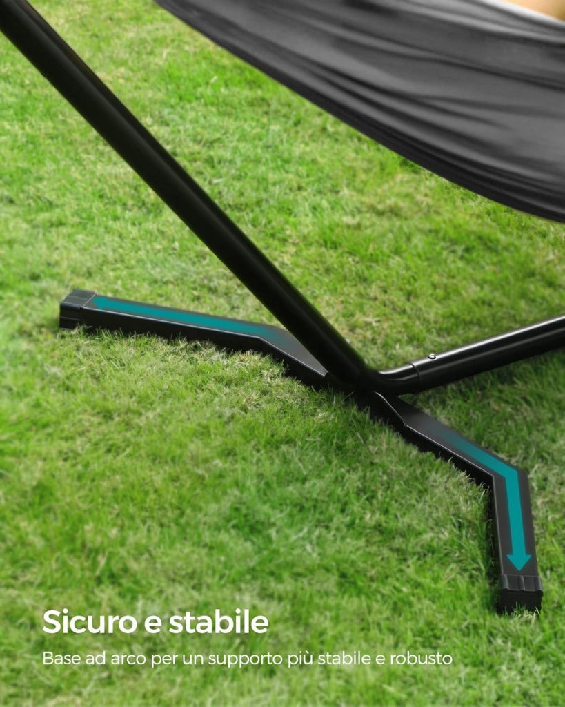 SONGMICS Amaca con Supporto, Amaca di 210 x 150 cm, 5 Altezze Regolabili, Portatile con Sostegno in Metallo, Max. Portata di 240 kg, per Giardino Terrazzo, Supporto Nero e Amaca Grigia GHS001G01