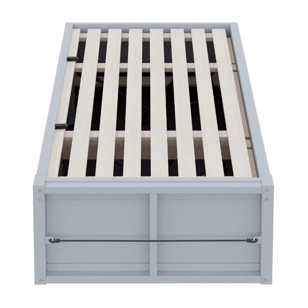 Letto per bambini 90x200 cm con contenitore idraulico; lavagna e spazio libri in legno grigio